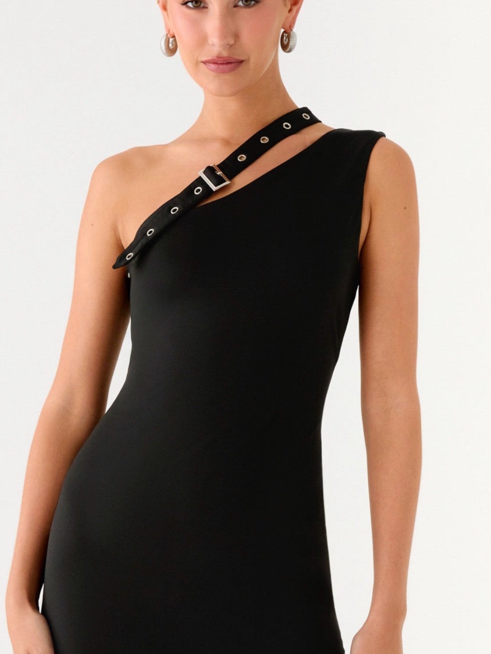 Peppermayo Black One-Shoulder Dress with Buckle Strap